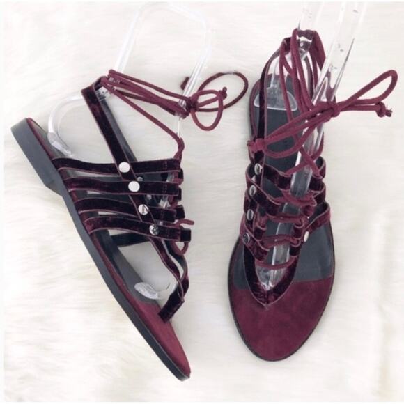 Rebecca Minkoff Evonne Wine Red Purple Velvet Laceup Sandals NEW 7.5 - Picture 4 of 12